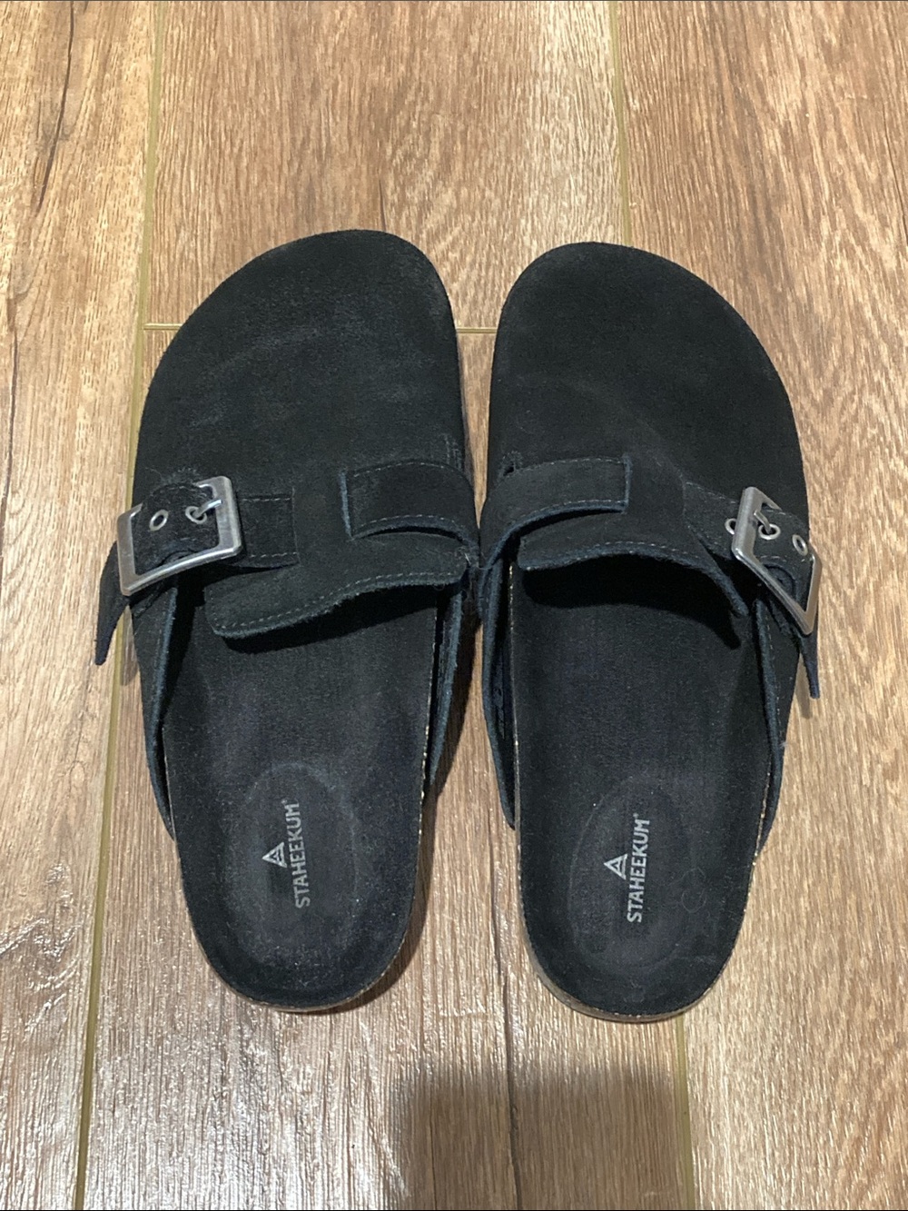 Women's Black Suede Slide-On Buckle Slippers